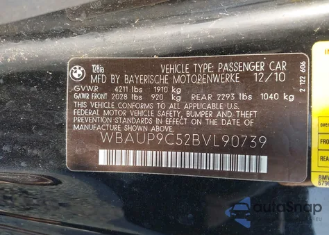 2011 BMW 128I из США, поврежденный, VIN WBAUP9C52BVL90739